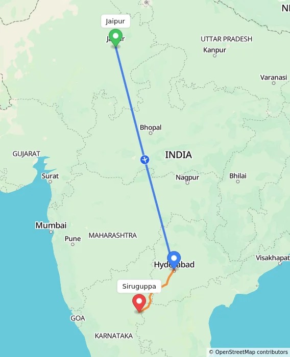 Route map showing distance and travel time from Jaipur, India to Siruguppa, India