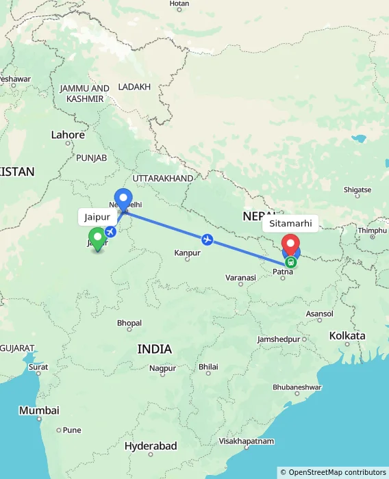 Route map showing distance and travel time from Jaipur, India to Sitamarhi, India
