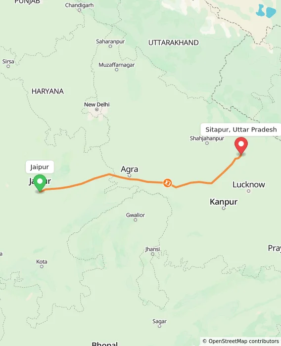Route map showing distance and travel time from Jaipur, India to Sitapur, Uttar Pradesh, India