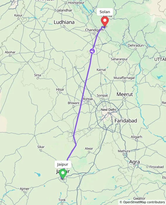Route map showing distance and travel time from Jaipur, India to Solan, India