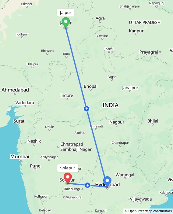 Route map showing distance and travel time from Jaipur, India to Solapur, India