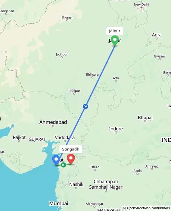 Route map showing distance and travel time from Jaipur, India to Songadh, India