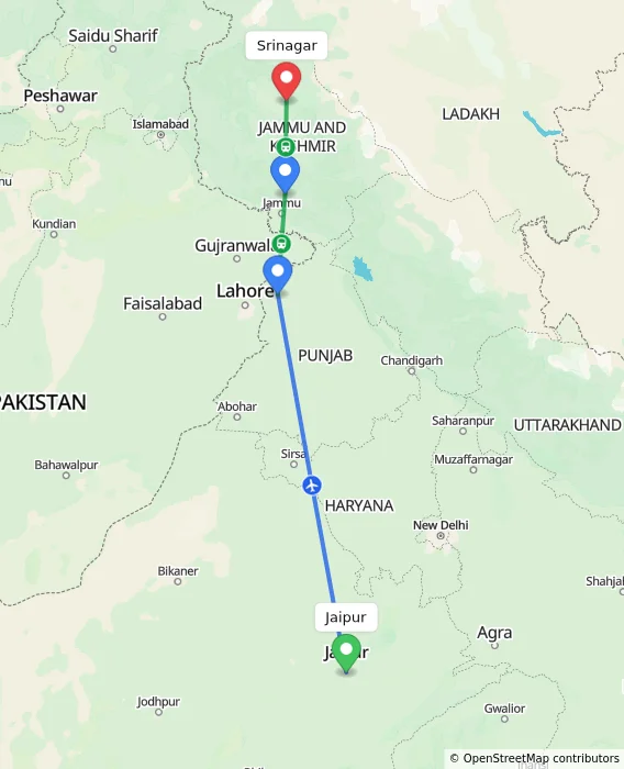 Route map showing distance and travel time from Jaipur, India to Srinagar, India