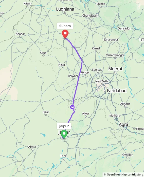 Route map showing distance and travel time from Jaipur, India to Sunam, India