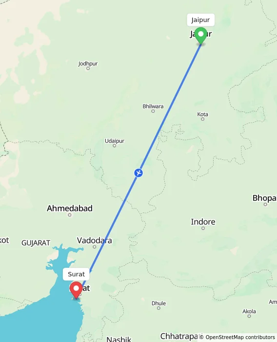 Route map showing distance and travel time from Jaipur, India to Surat, India