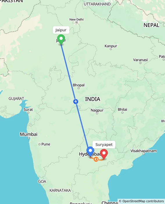 Route map showing distance and travel time from Jaipur, India to Suryapet, India