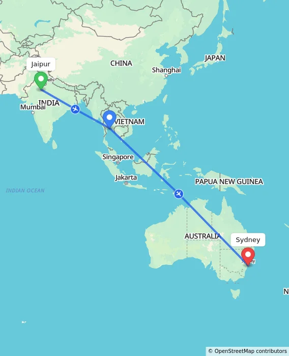 Route map showing distance and travel time from Jaipur, India to Sydney, Australia