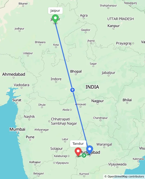 Route map showing distance and travel time from Jaipur, India to Tandur, India