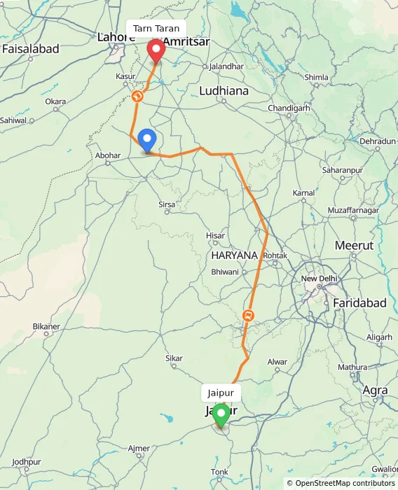 Route map showing distance and travel time from Jaipur, India to Tarn Taran, India