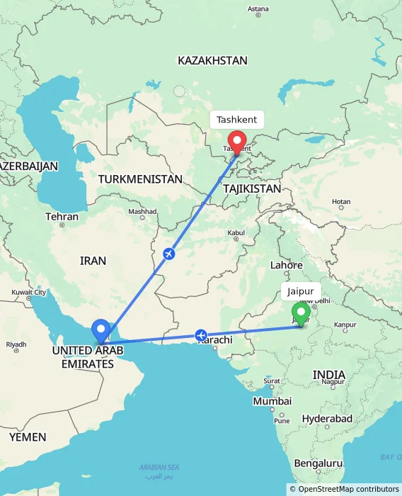 Route map showing distance and travel time from Jaipur, India to Tashkent, Uzbekistan