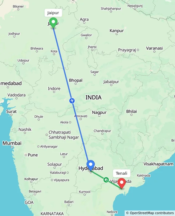 Route map showing distance and travel time from Jaipur, India to Tenali, India
