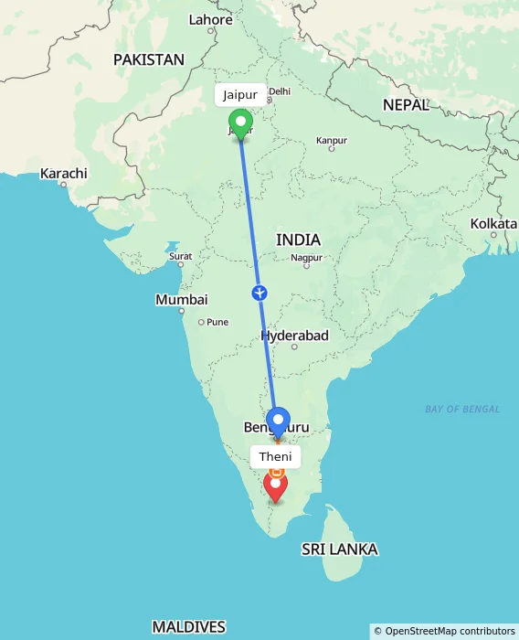 Route map showing distance and travel time from Jaipur, India to Theni, India