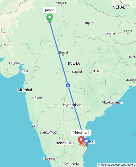 Route map showing distance and travel time from Jaipur, India to Thiruthani, India