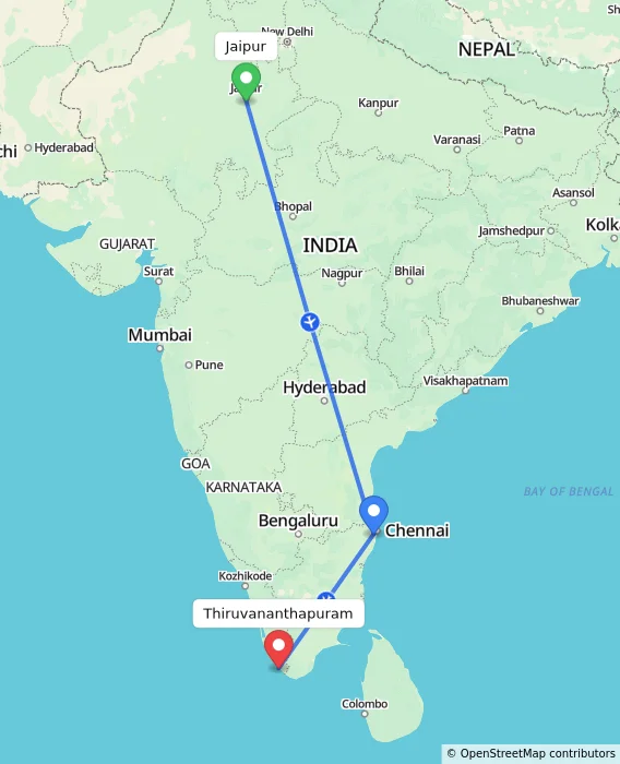 Route map showing distance and travel time from Jaipur, India to Thiruvananthapuram, India