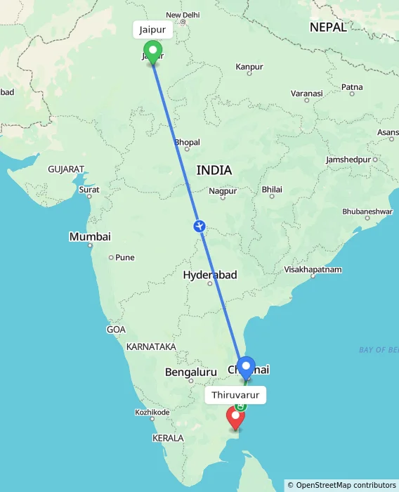 Route map showing distance and travel time from Jaipur, India to Thiruvarur, India