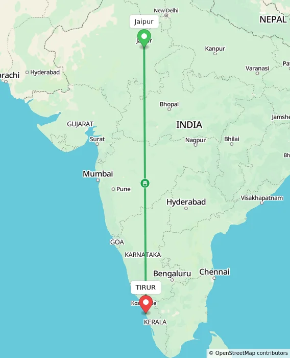 Route map showing distance and travel time from Jaipur, India to TIRUR, India