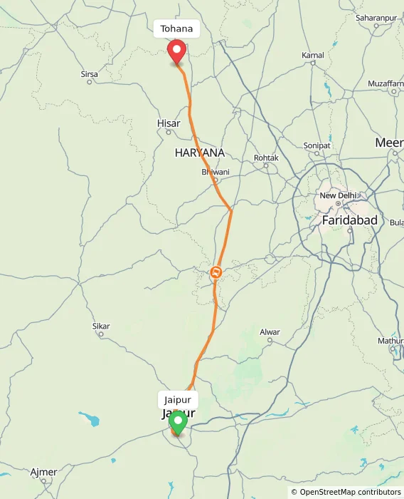 Route map showing distance and travel time from Jaipur, India to Tohana, India