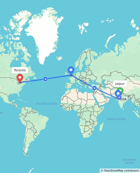 Route map showing distance and travel time from Jaipur, India to Toronto, Canada