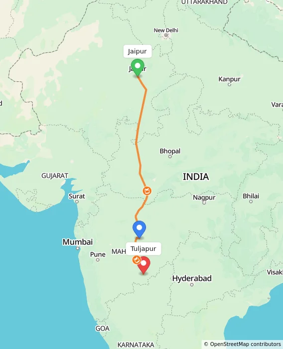 Route map showing distance and travel time from Jaipur, India to Tuljapur, India