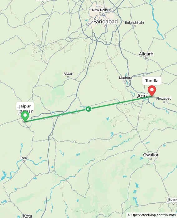 Route map showing distance and travel time from Jaipur, India to Tundla, India
