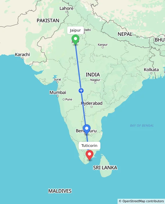 Route map showing distance and travel time from Jaipur, India to Tuticorin, India