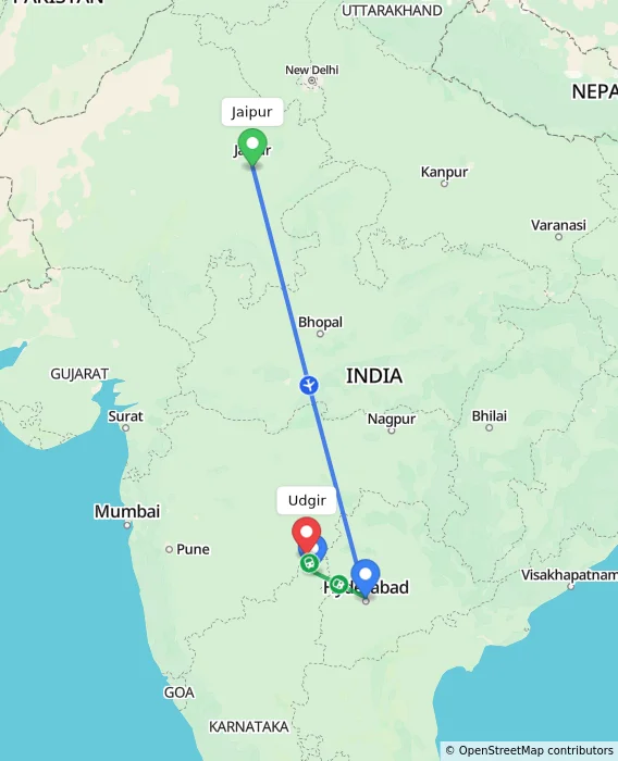 Route map showing distance and travel time from Jaipur, India to Udgir, India
