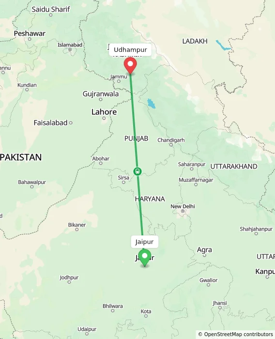 Route map showing distance and travel time from Jaipur, India to Udhampur, India