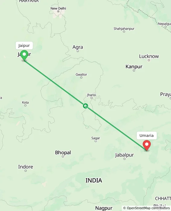 Route map showing distance and travel time from Jaipur, India to Umaria, India