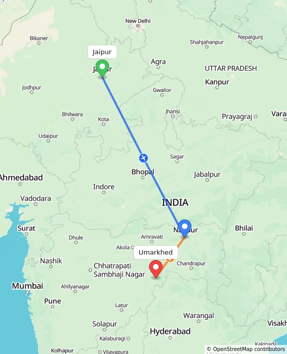 Route map showing distance and travel time from Jaipur, India to Umarkhed, India