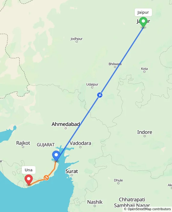 Route map showing distance and travel time from Jaipur, India to Una, India
