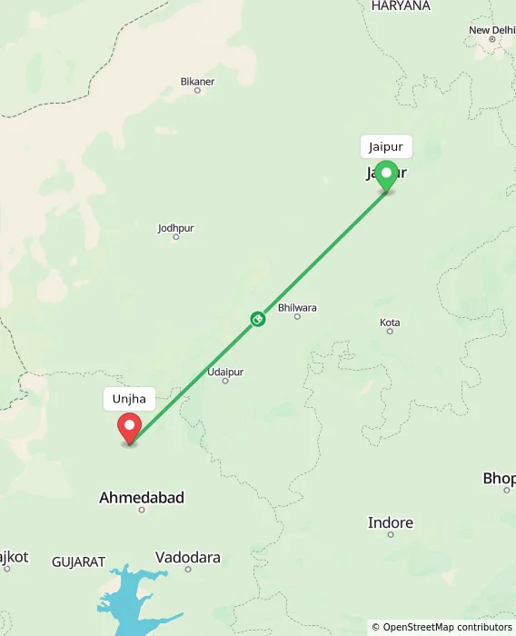 Route map showing distance and travel time from Jaipur, India to Unjha, India