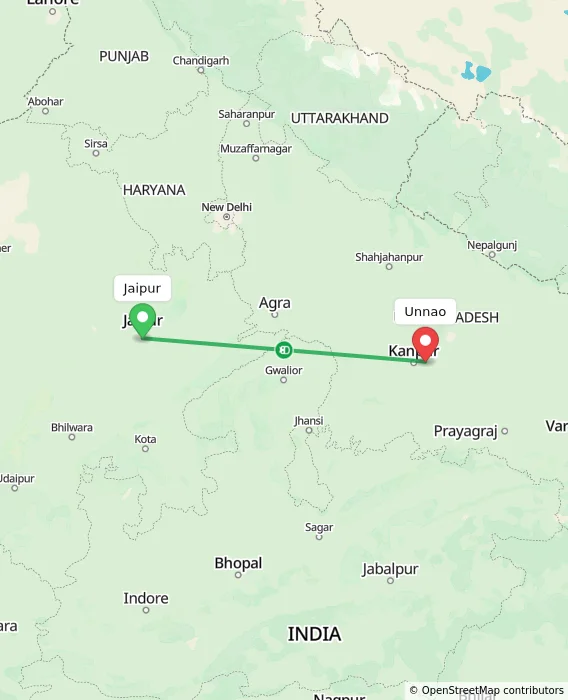 Route map showing distance and travel time from Jaipur, India to Unnao, India