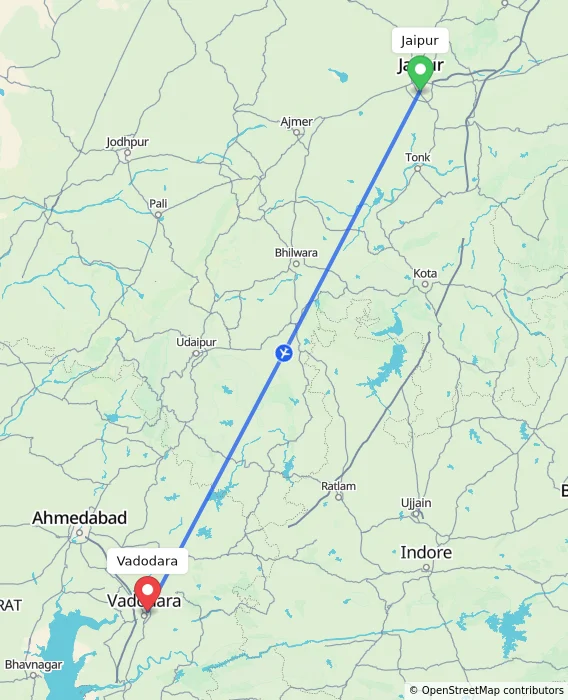 Route map showing distance and travel time from Jaipur, India to Vadodara, India