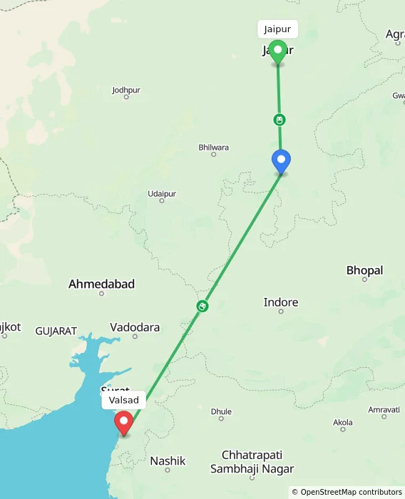 Route map showing distance and travel time from Jaipur, India to Valsad, India