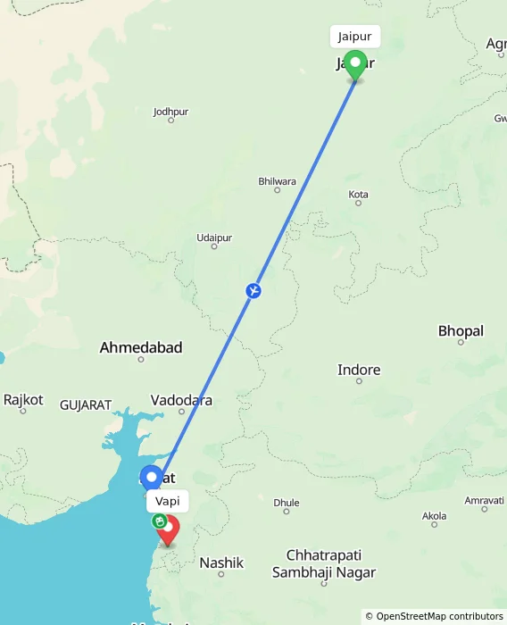 Route map showing distance and travel time from Jaipur, India to Vapi, India