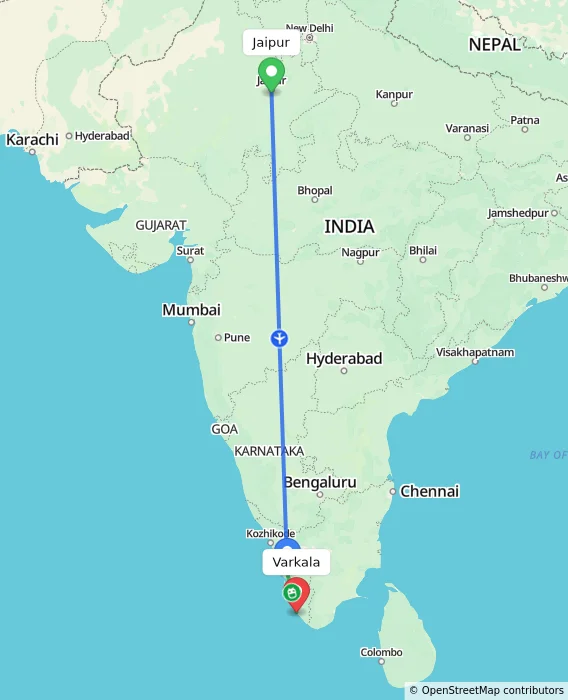 Route map showing distance and travel time from Jaipur, India to Varkala, India