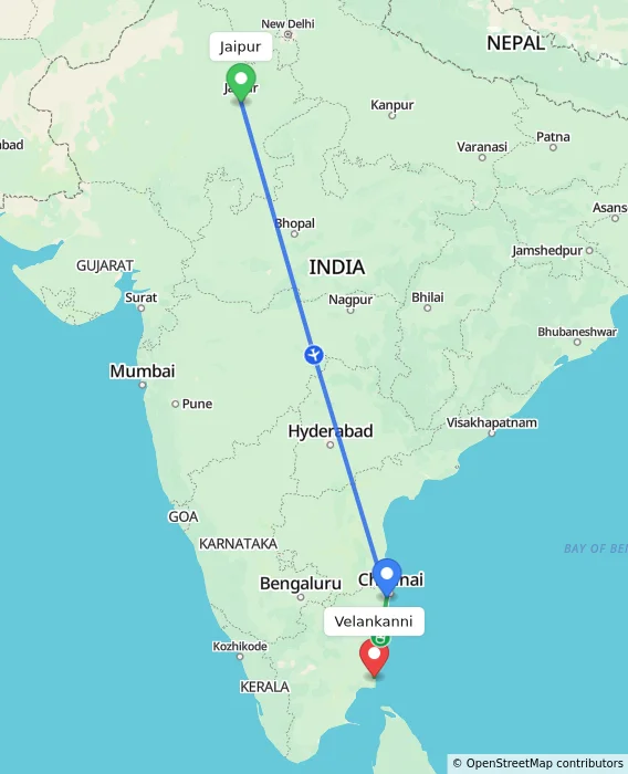 Route map showing distance and travel time from Jaipur, India to Velankanni, India