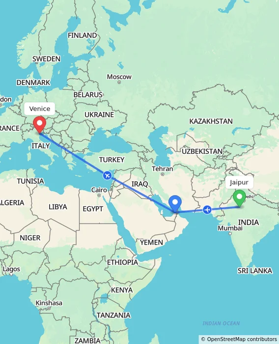 Route map showing distance and travel time from Jaipur, India to Venice, Italy