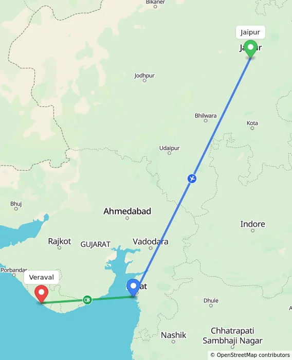 Route map showing distance and travel time from Jaipur, India to Veraval, India