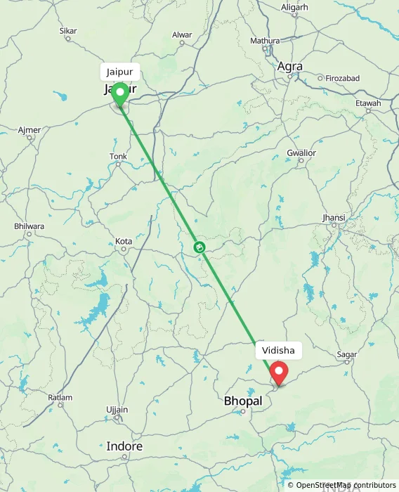 Route map showing distance and travel time from Jaipur, India to Vidisha, India