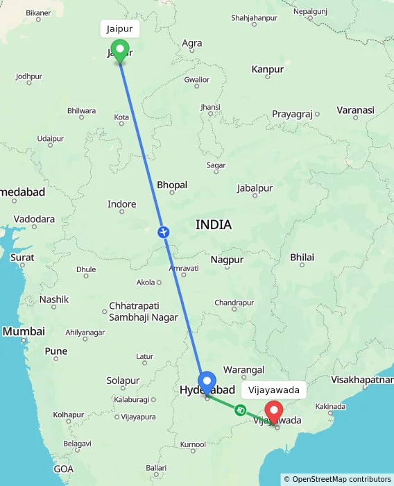 Route map showing distance and travel time from Jaipur, India to Vijayawada, India