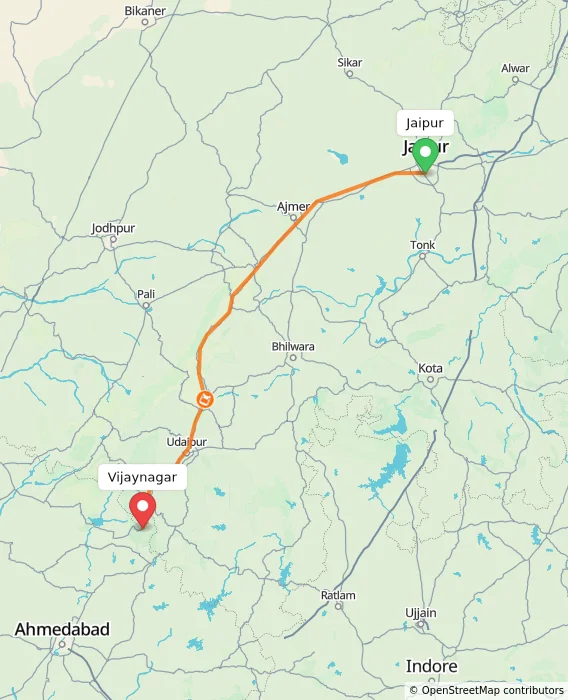 Route map showing distance and travel time from Jaipur, India to Vijaynagar, India