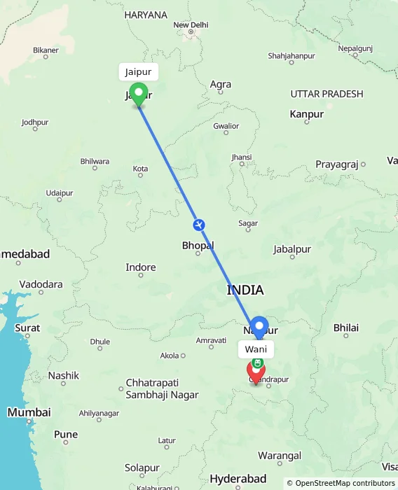 Route map showing distance and travel time from Jaipur, India to Wani, India