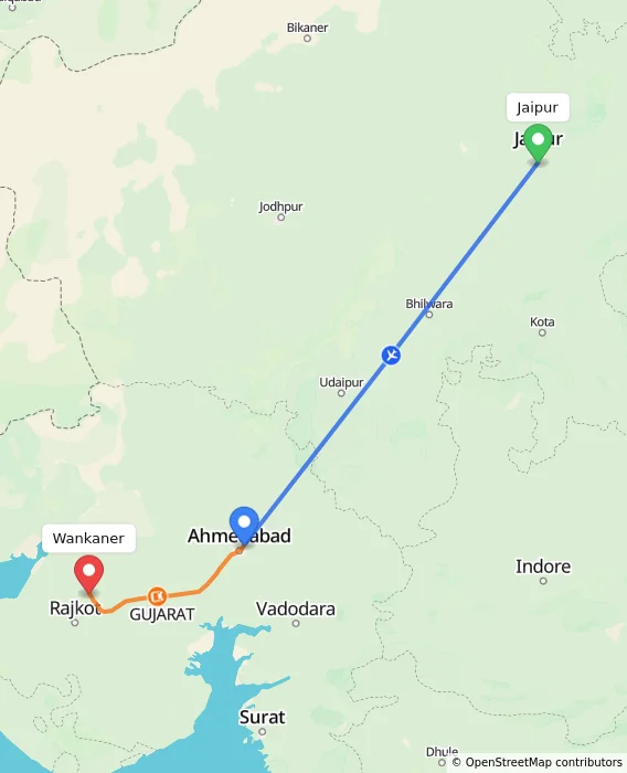 Route map showing distance and travel time from Jaipur, India to Wankaner, India