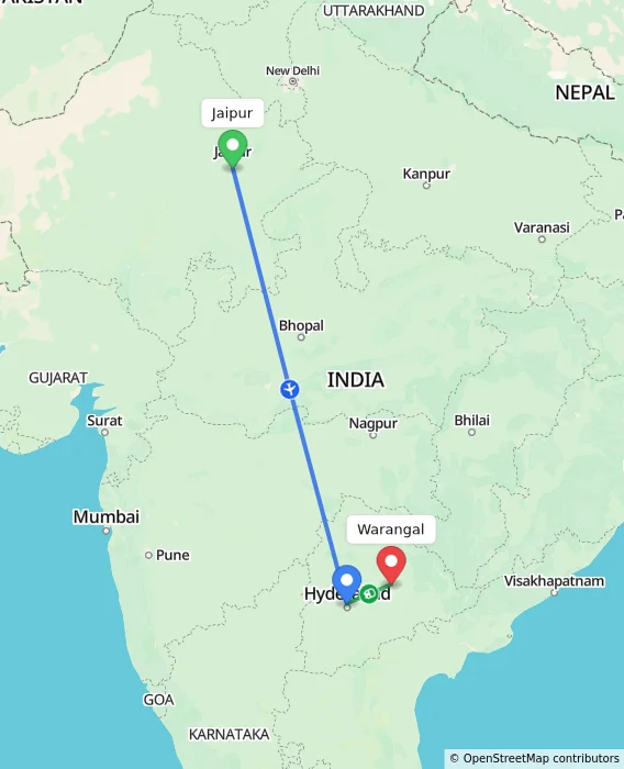 Route map showing distance and travel time from Jaipur, India to Warangal, India