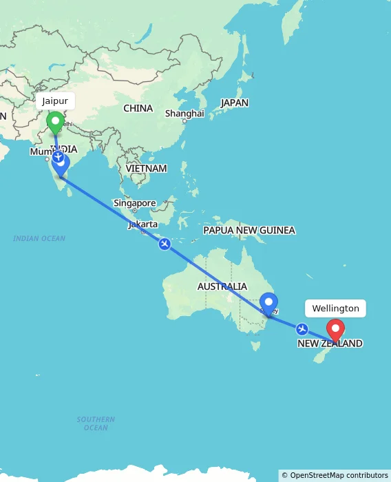Route map showing distance and travel time from Jaipur, India to Wellington, New Zealand