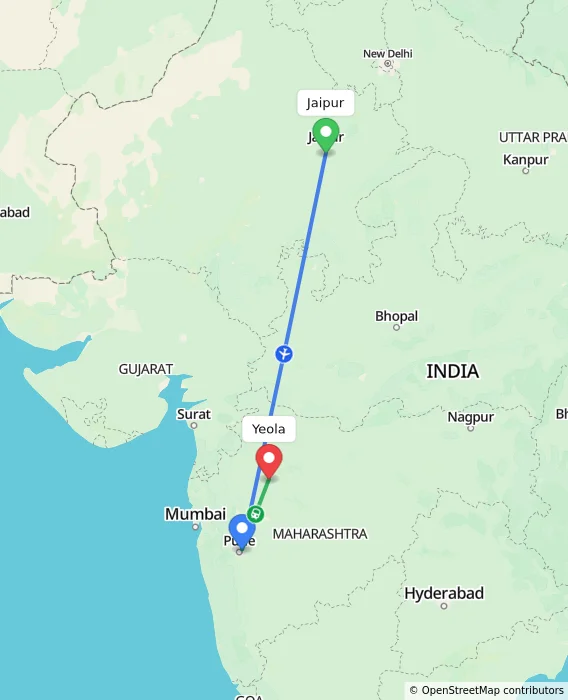 Route map showing distance and travel time from Jaipur, India to Yeola, India