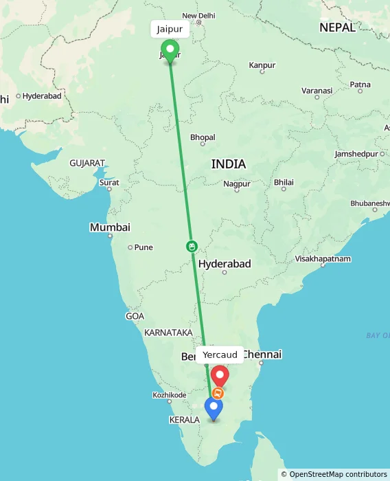 Route map showing distance and travel time from Jaipur, India to Yercaud, India