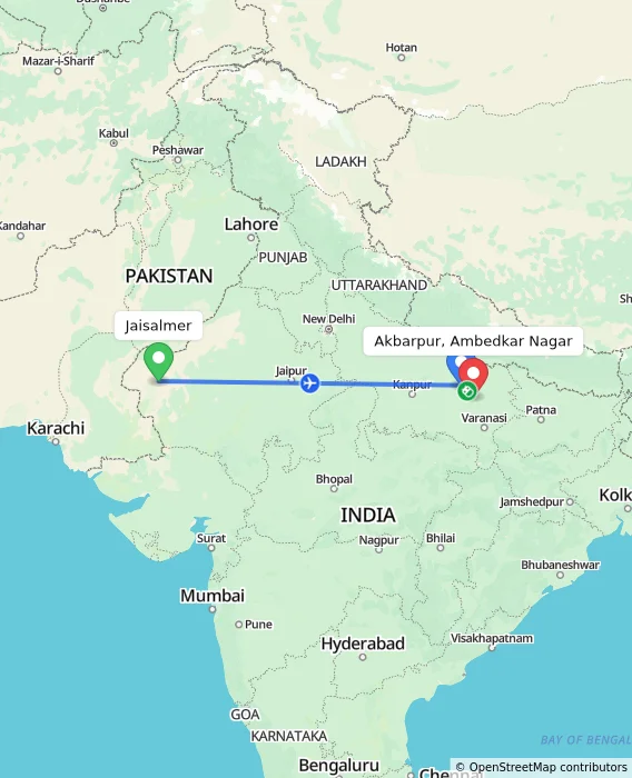 Route map showing distance and travel time from Jaisalmer, India to Akbarpur, Ambedkar Nagar, India
