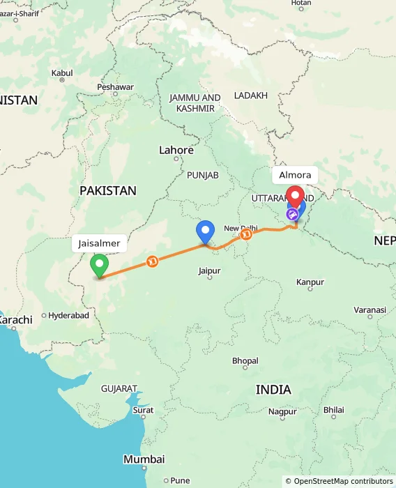 Route map showing distance and travel time from Jaisalmer, India to Almora, India